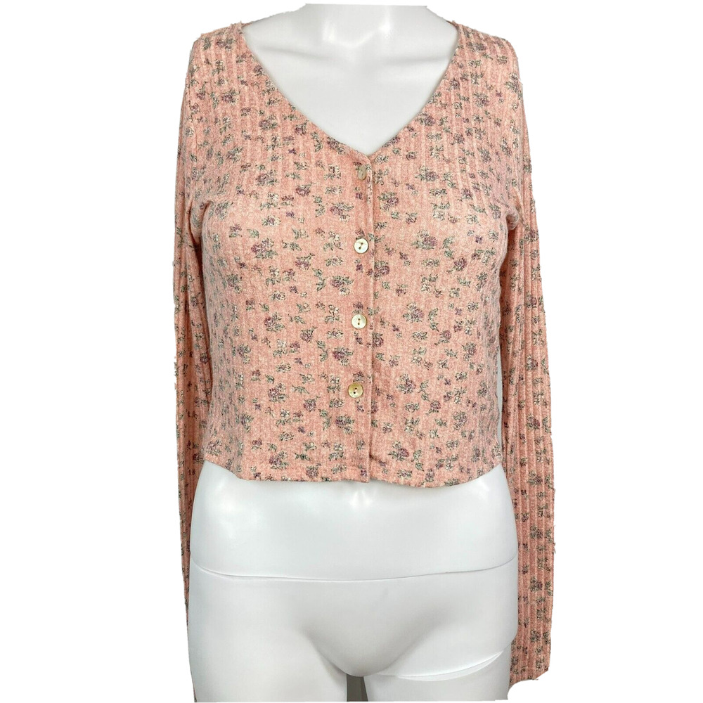 Pie In The Sky Shirt Women M‎ Pink Floral Button Up Crop Top Stretch Cottagecore